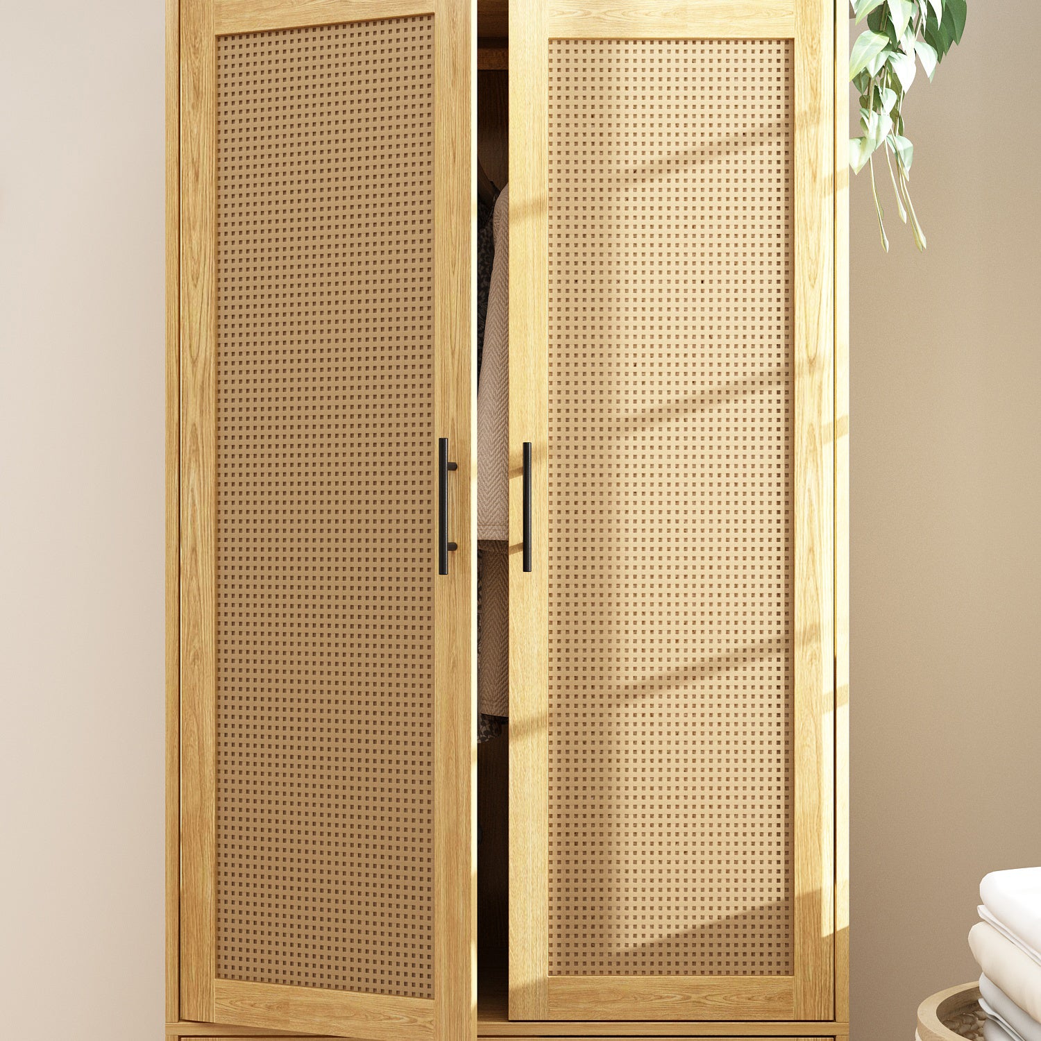 Wooden Wardrobe Armoire with 2 Doors 2 Drawers Bedroom Closet with Hanging Rod Storage Drawers