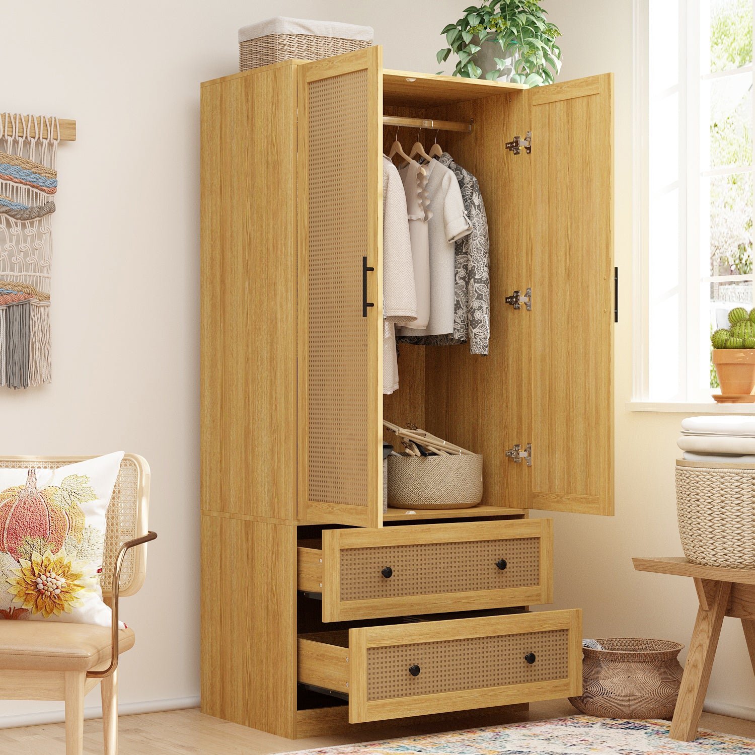 Wooden Wardrobe Armoire with 2 Doors 2 Drawers Bedroom Closet with Hanging Rod Storage Drawers