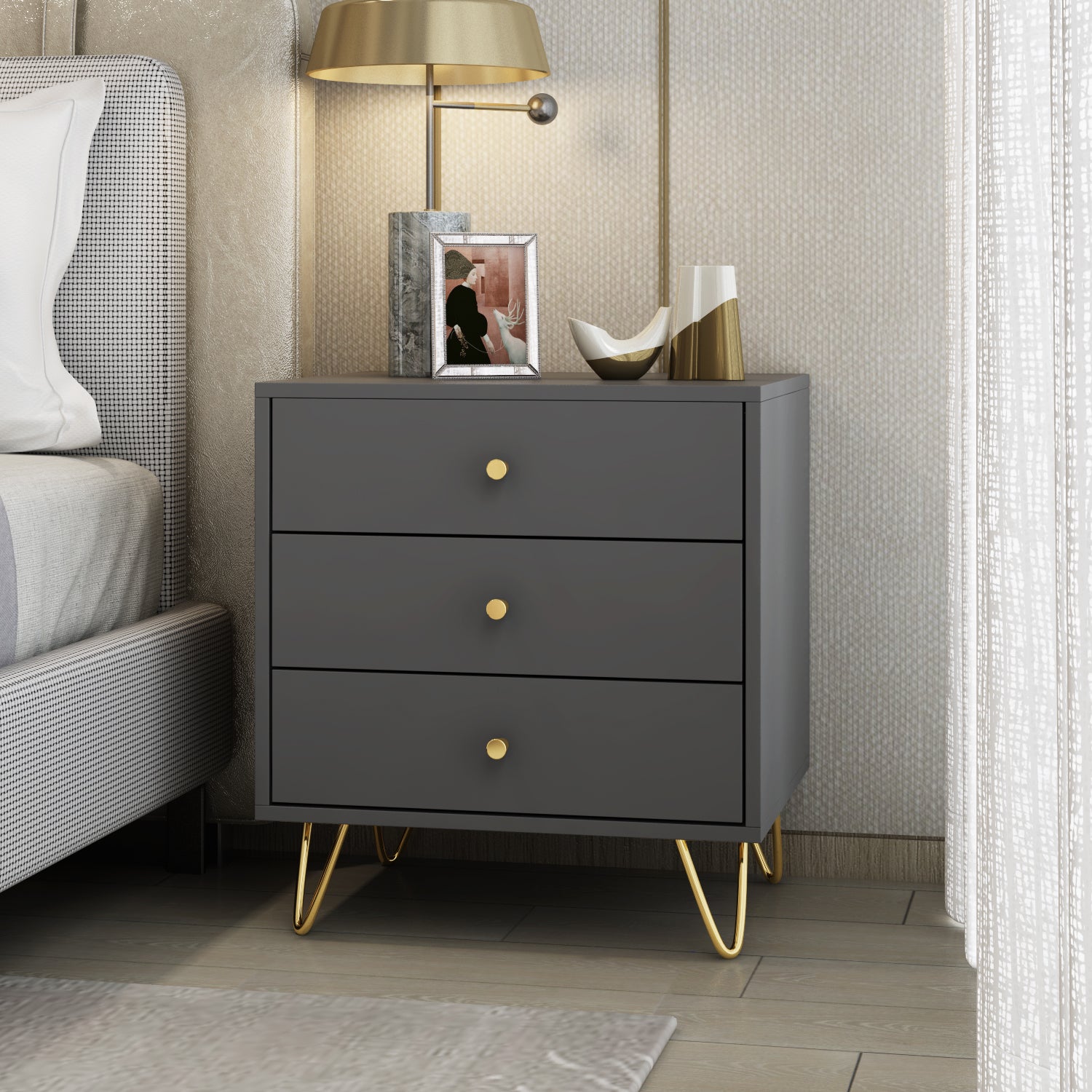Nightstand Modern Bedside Table with Solid Wood Legs Minimalist and Versatile End Side Table 3 Drawers