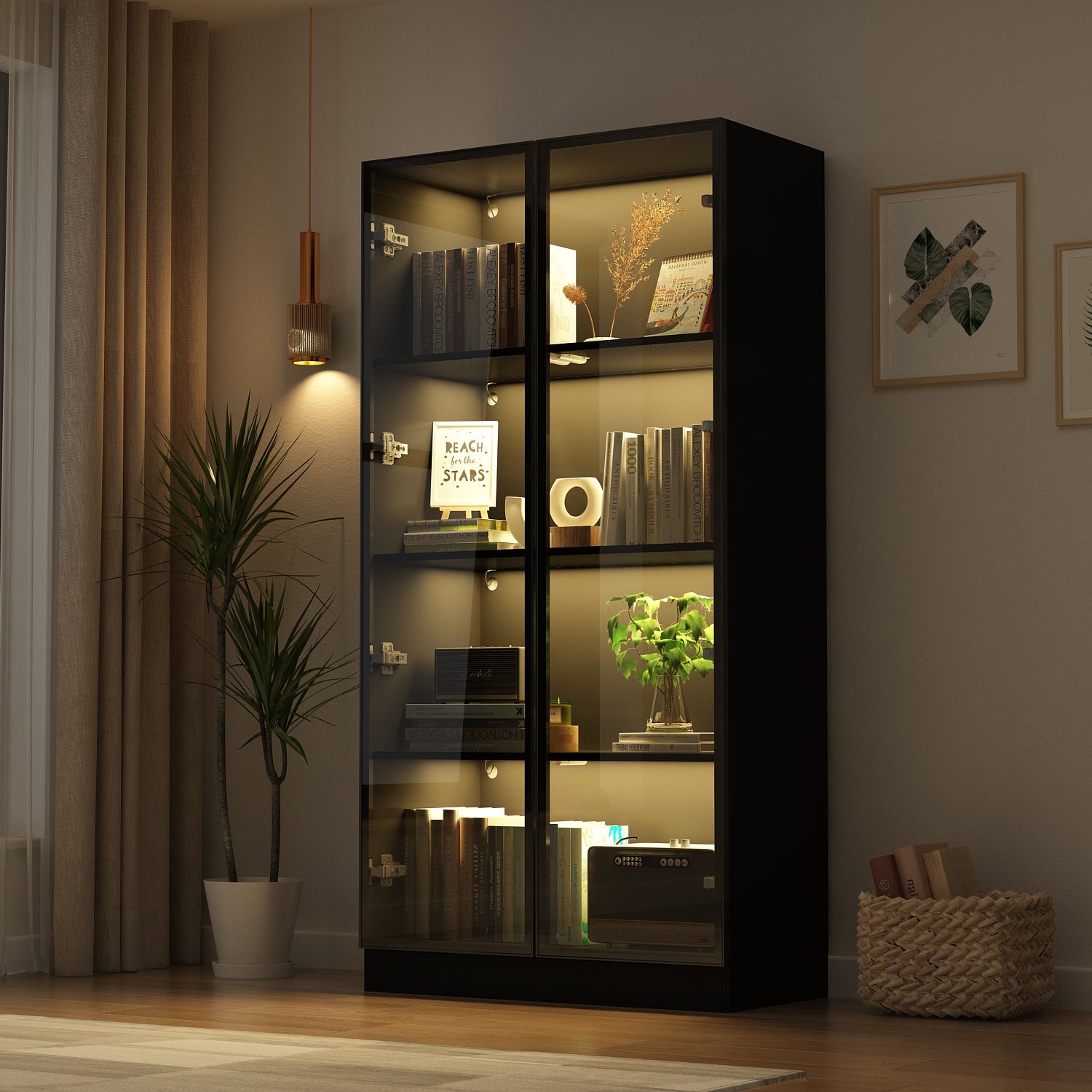 Display Cabinet Bookcase Stand Trophy Showcase with Lights and Glass Doors