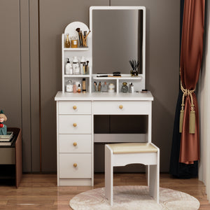 5-Drawer Makeup Vanity Set Dressing Table Set with Stool, Mirror, LED Light and 3-Tier Storage Shelves