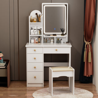 THE WOODEN STORE Wood Dressing Table with Mirror and Storage for Bedroom  Furniture for Women/Girls, Makeup Table, 3 Drawers, 7 Shelf Storage with