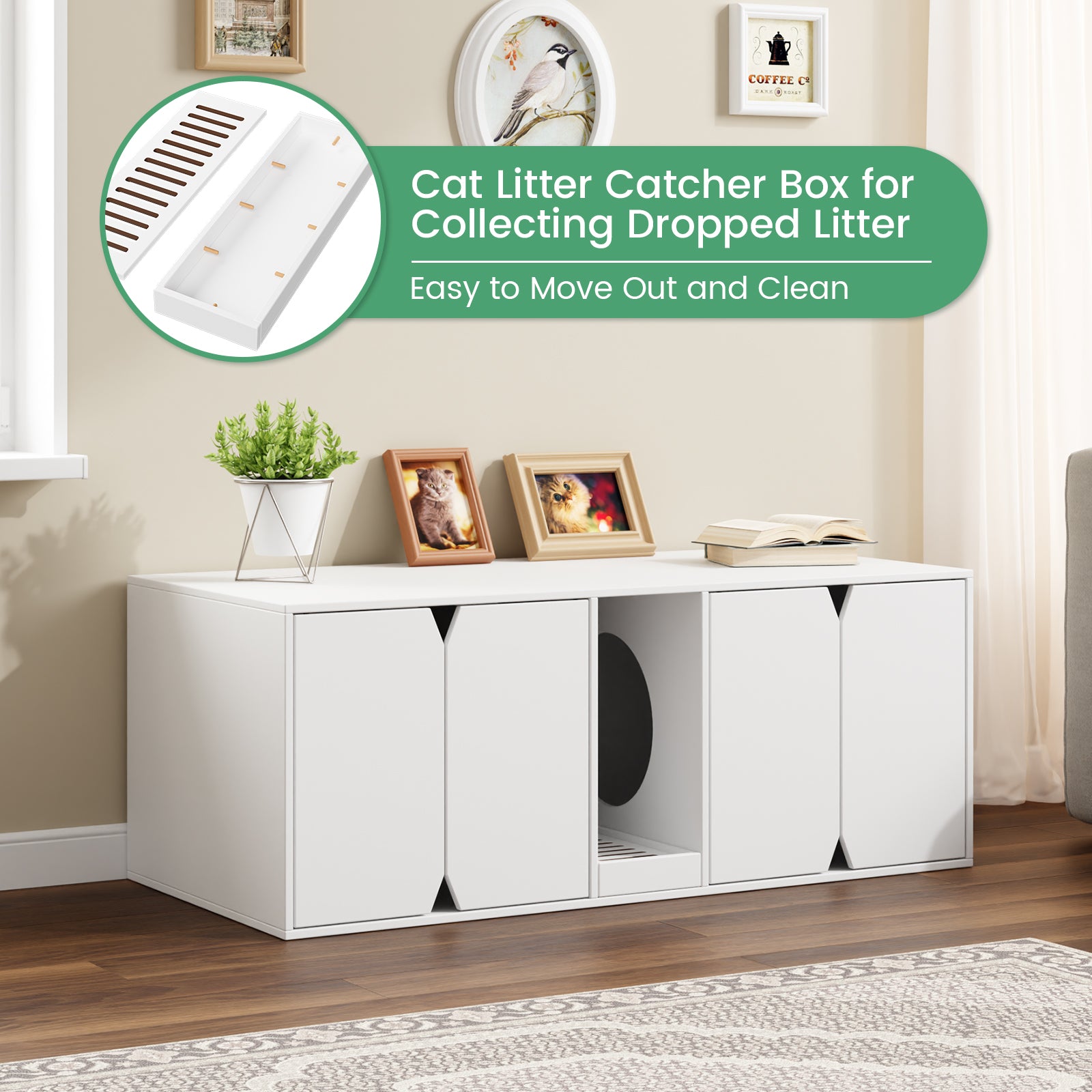 Cat Litter Box Enclosure Hidden Washroom 2 Rooms with Catcher