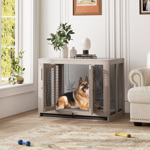 Dog Crate Indoor Pet Kennel Side End Table with Cushion and Tray