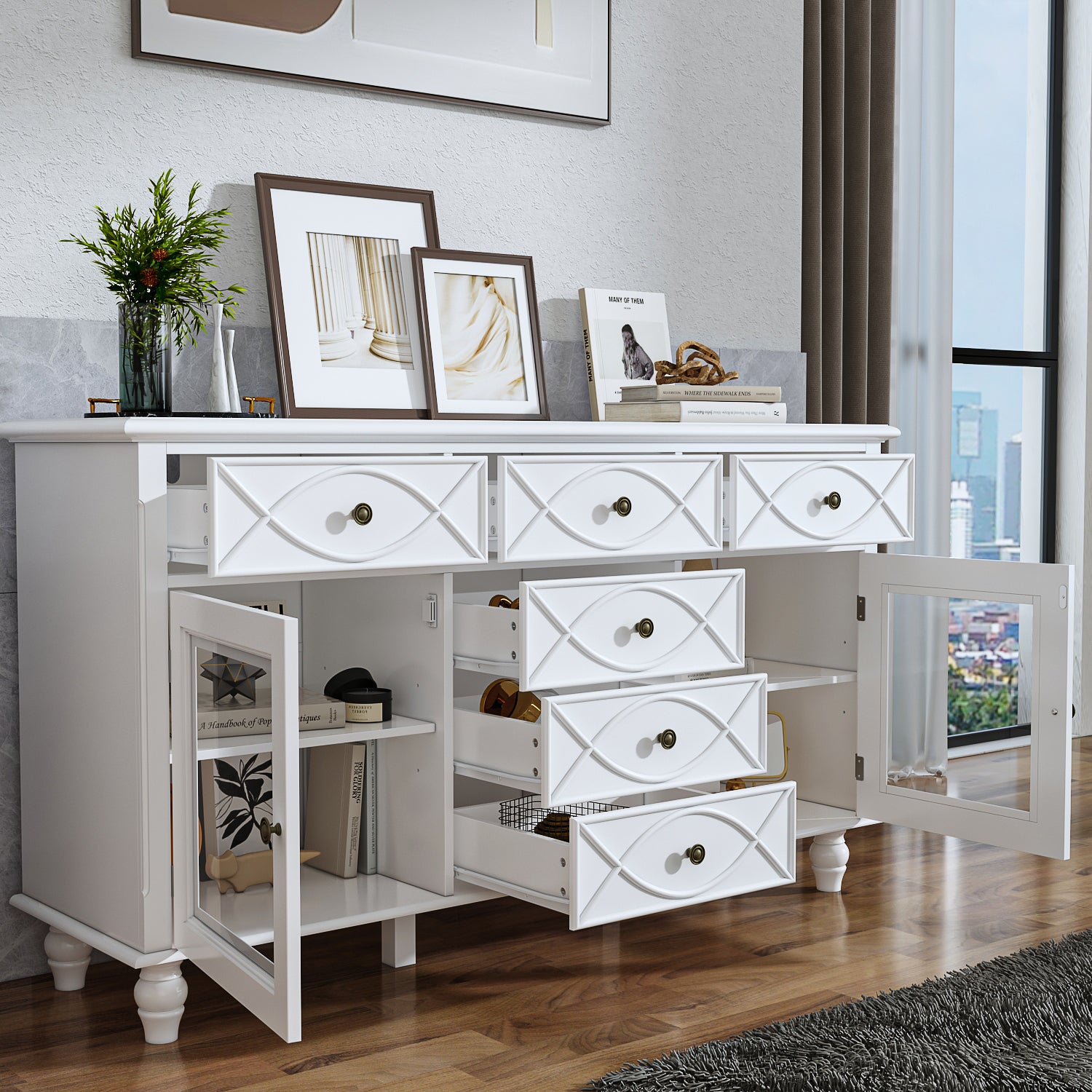 Accent Sideboard White Wood Kitchen Sideboard with Drawers Modern Buffet 55"W