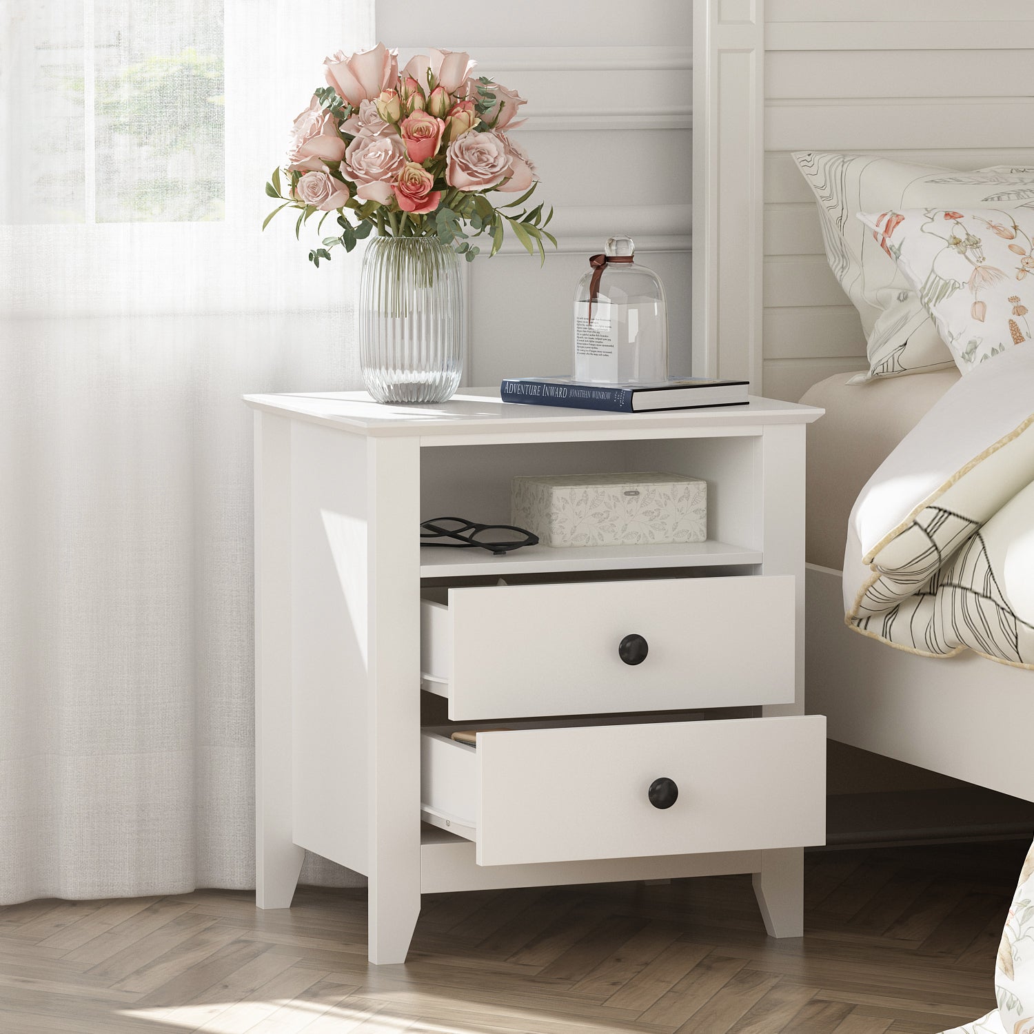 End Table Side Table with 2 Drawers & Shelf Bedside Table Nightstand with Wooden Legs