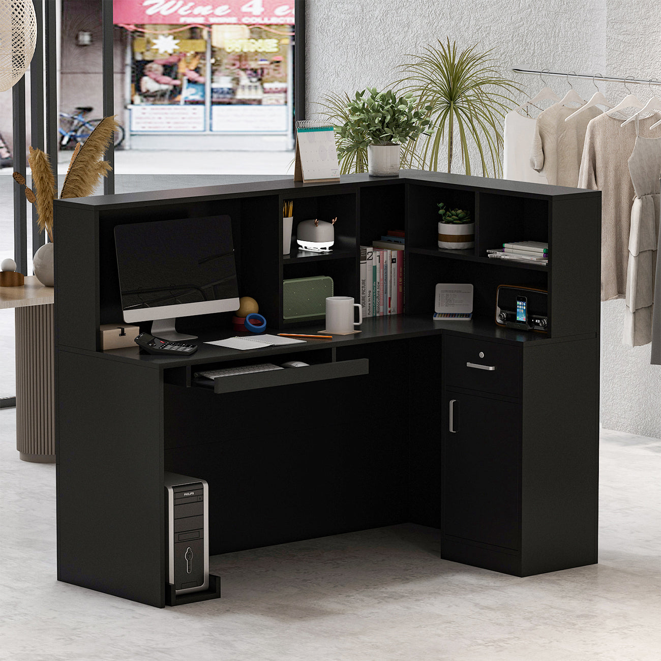 L-Shaped Reception Desk with Large Storage Filing Cabinets