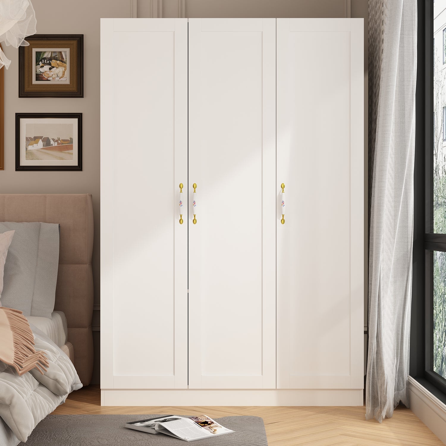 Large Wardrobe Closet Storage 3-Door Cabinet with Hanging Rod Ceramic Handle
