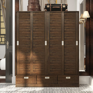 Brown Wardrobe Large Bedroom Armoire 4 Sliding Doors and 3 Drawers