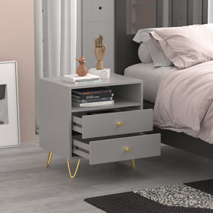 Nightstand 2 Drawers 1 Open Shelf Bedside End Table with Gold Metal Legs for Bedroom