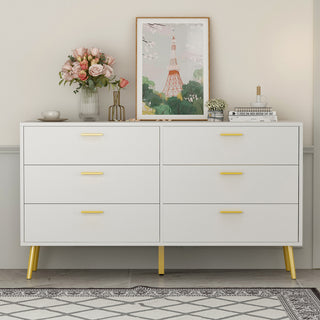 Modern White Finish Sideboard Double Dresser with 6 Drawers 54''W