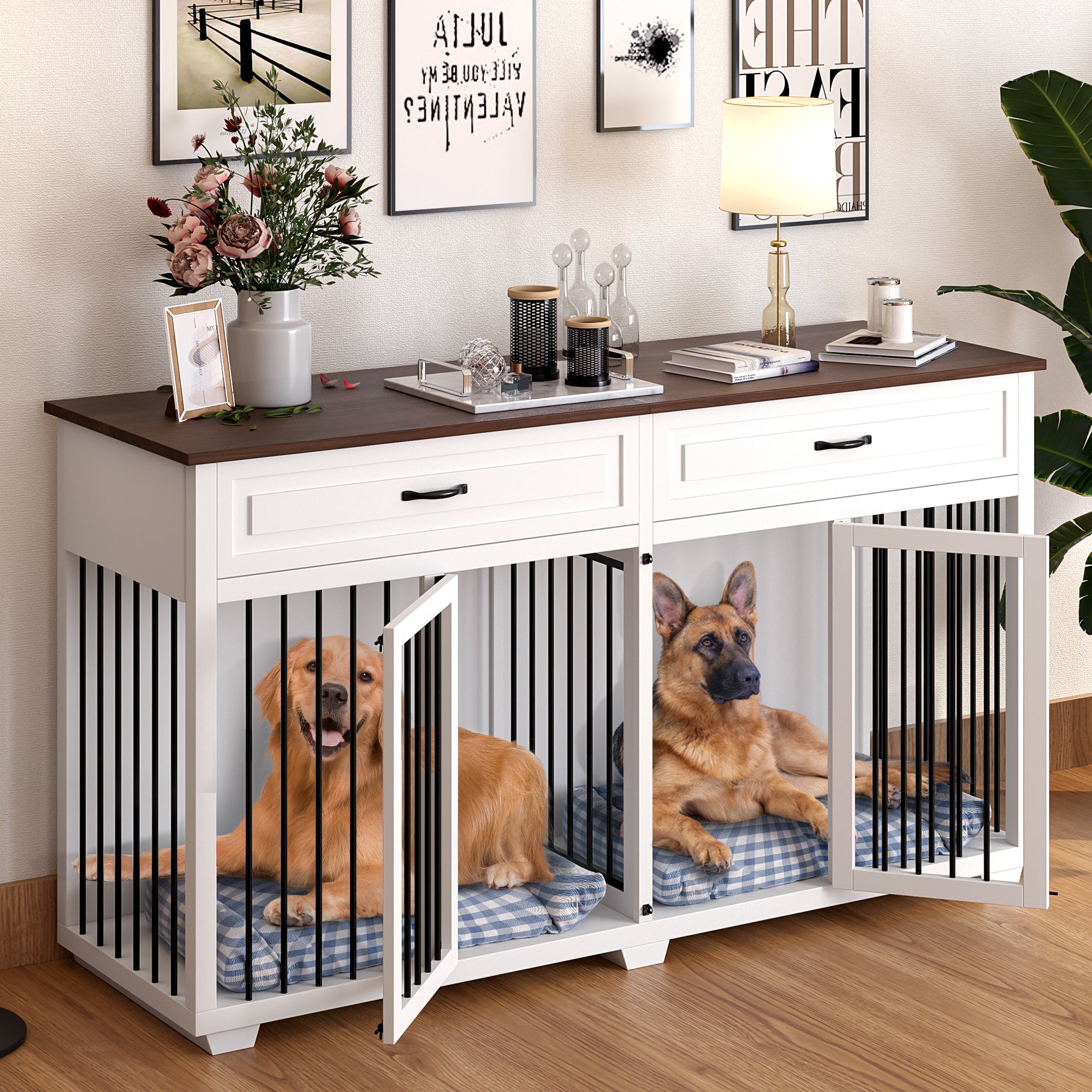 Large Dog Crate Furniture Wooden Dog Crate Kennel with 2 Drawers and Divider