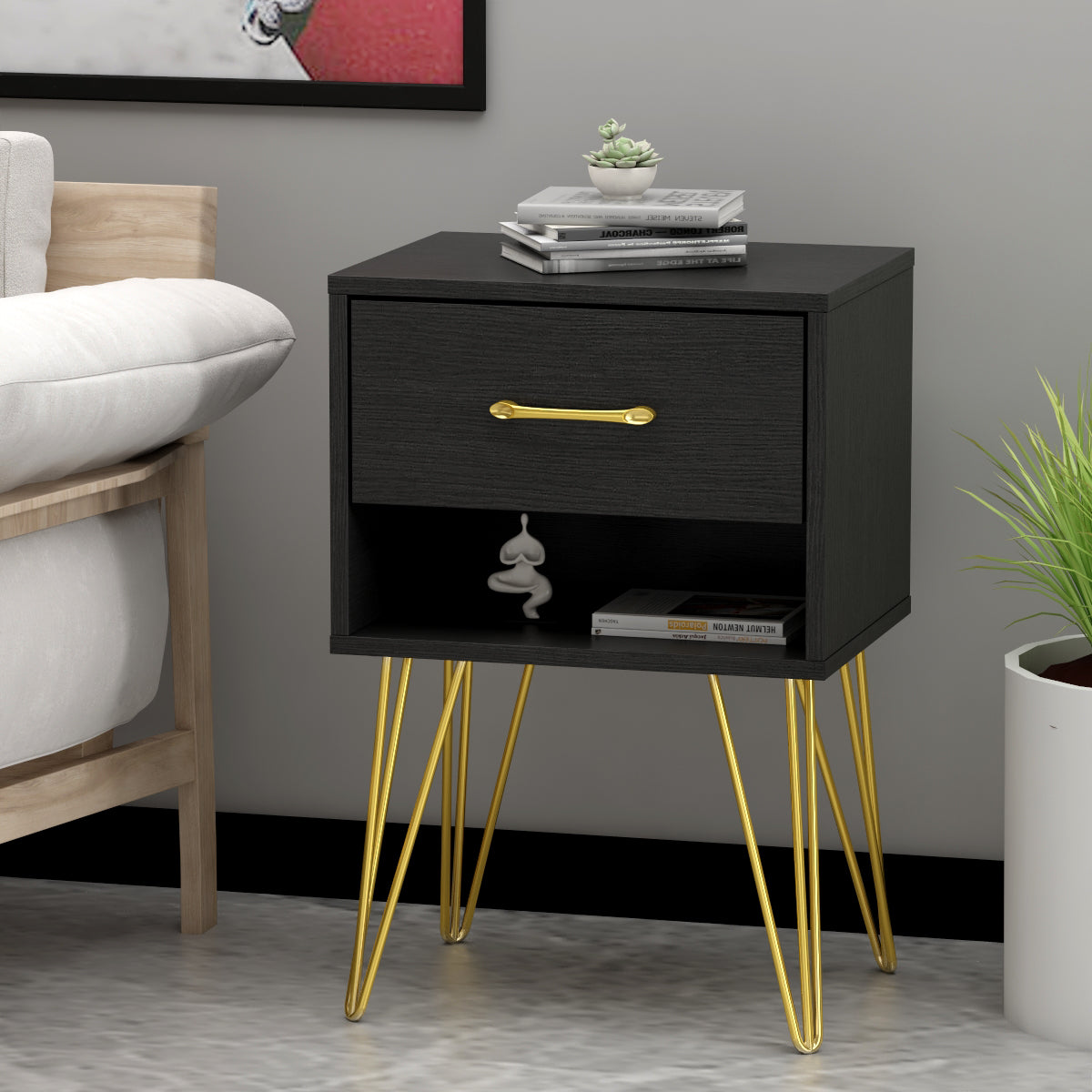 End Table Nightstand Dresser Mini Sofa Side Table with Gold Legs for Bedroom