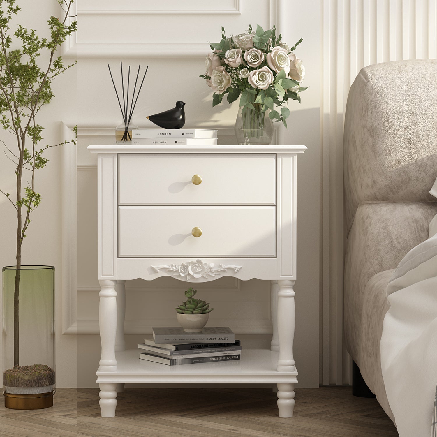 End Table Side Table Bedroom Night Stand Bedside Embossed Table with 2 Drawers & Open Shelf