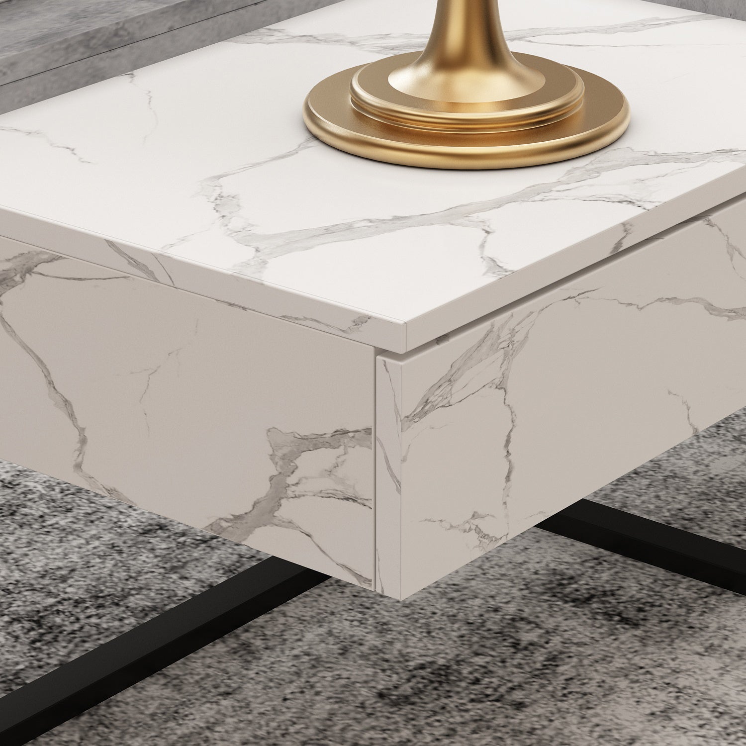 Coffee Table for Living Room with 4 Drawers Geometric Top Marble Grain
