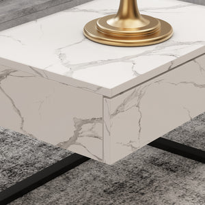 Coffee Table for Living Room with 4 Drawers Geometric Top Marble Grain