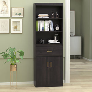 Tall Bookcase with Doors Modern 3-Tire Bookshelf with Drawer 70"W
