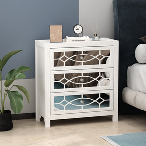 Dresser with 3 Mirrored Drawers Storage Nightstand in White