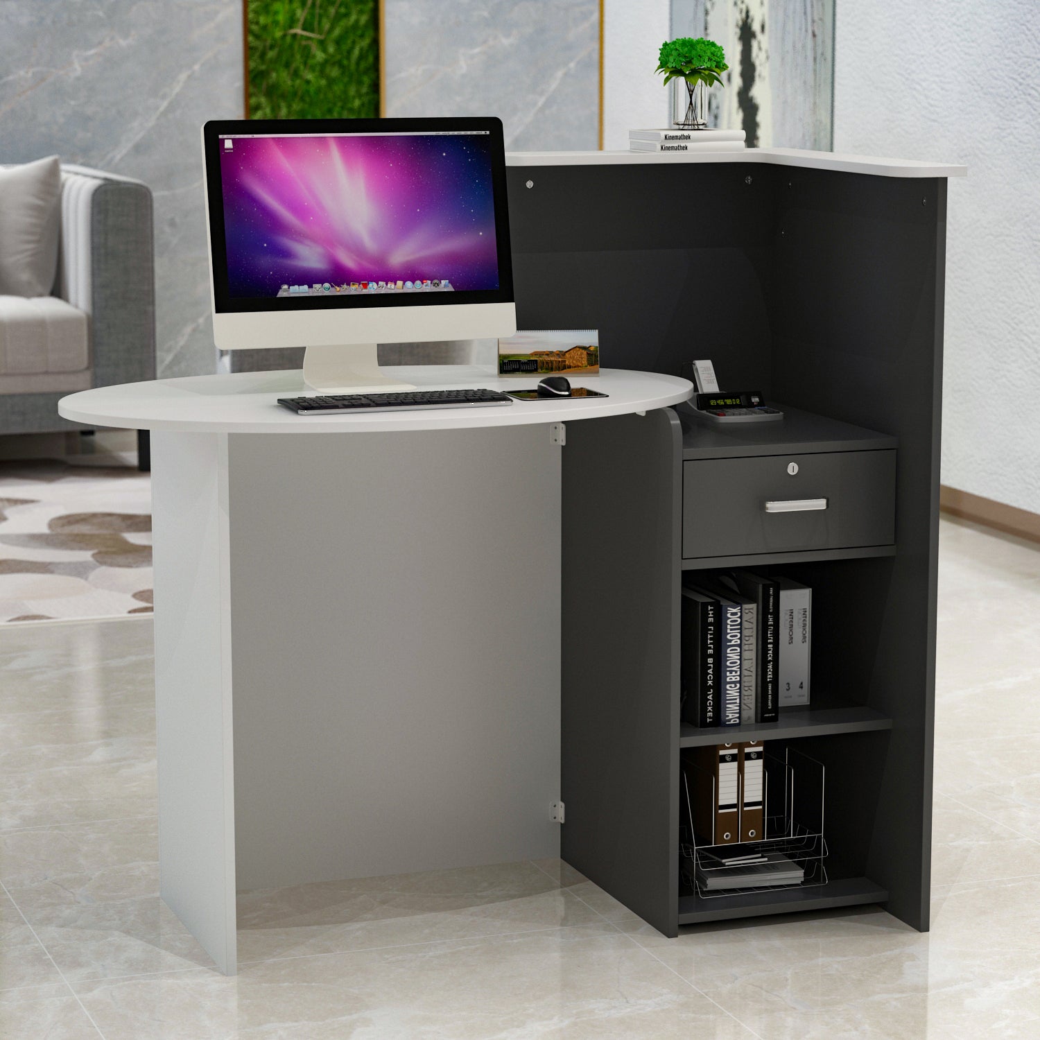 Reception Desk Front Counter Desk with Lockable Drawer and Open Shelf