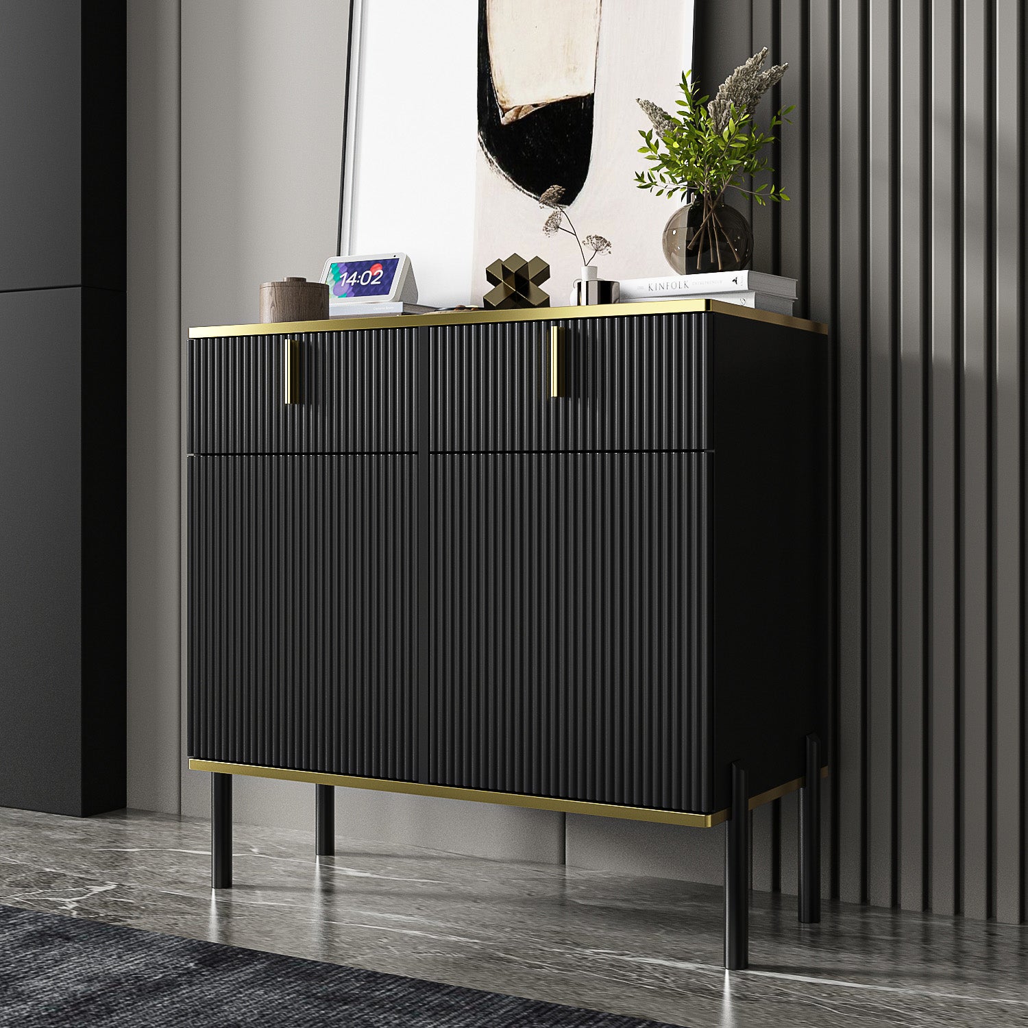 Wide Sideboard Buffet Storage Cabinet in Black with Drawer & Pop-up Doors