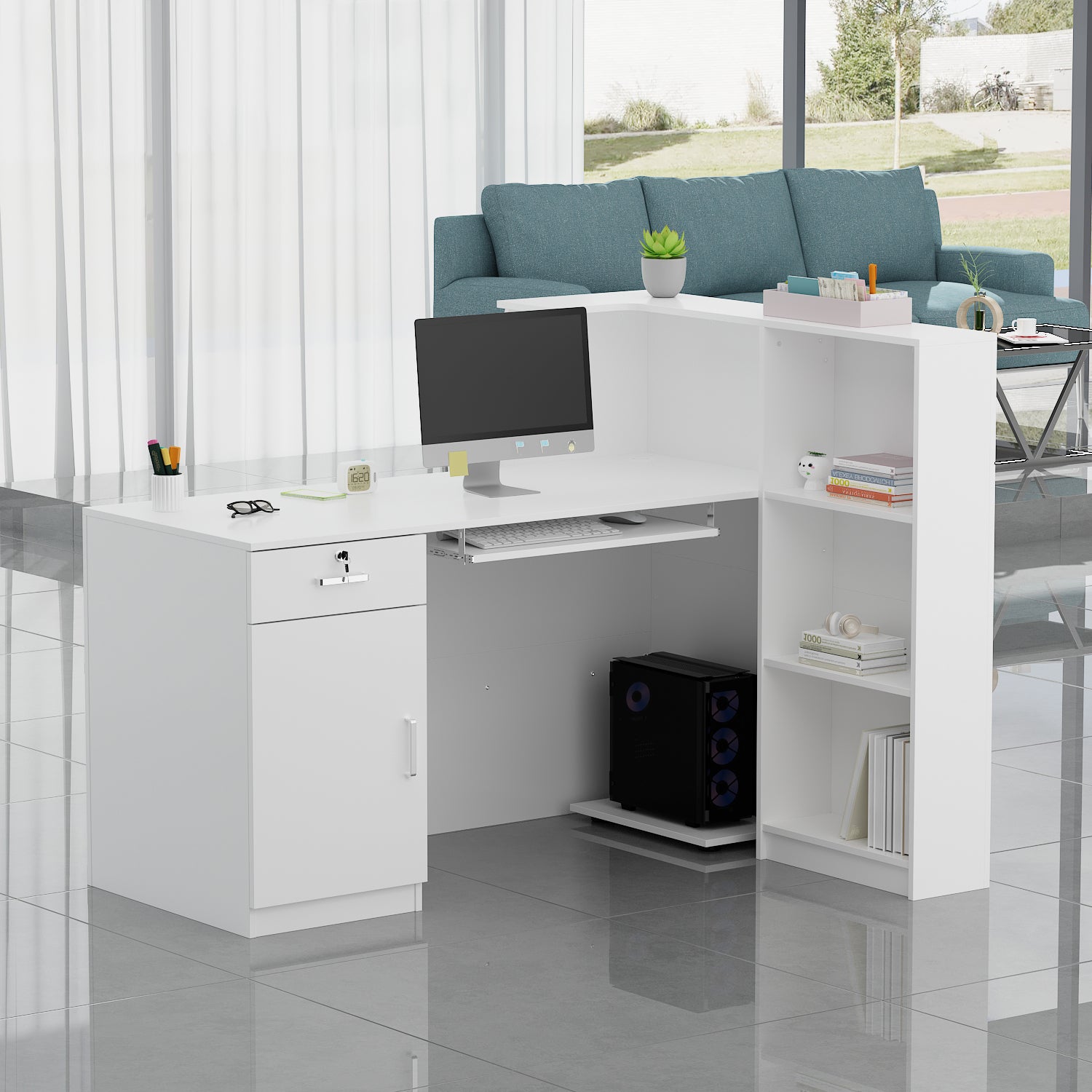 Reception Desk  Front Counter Desk with Lockable Drawer & Bookshelf