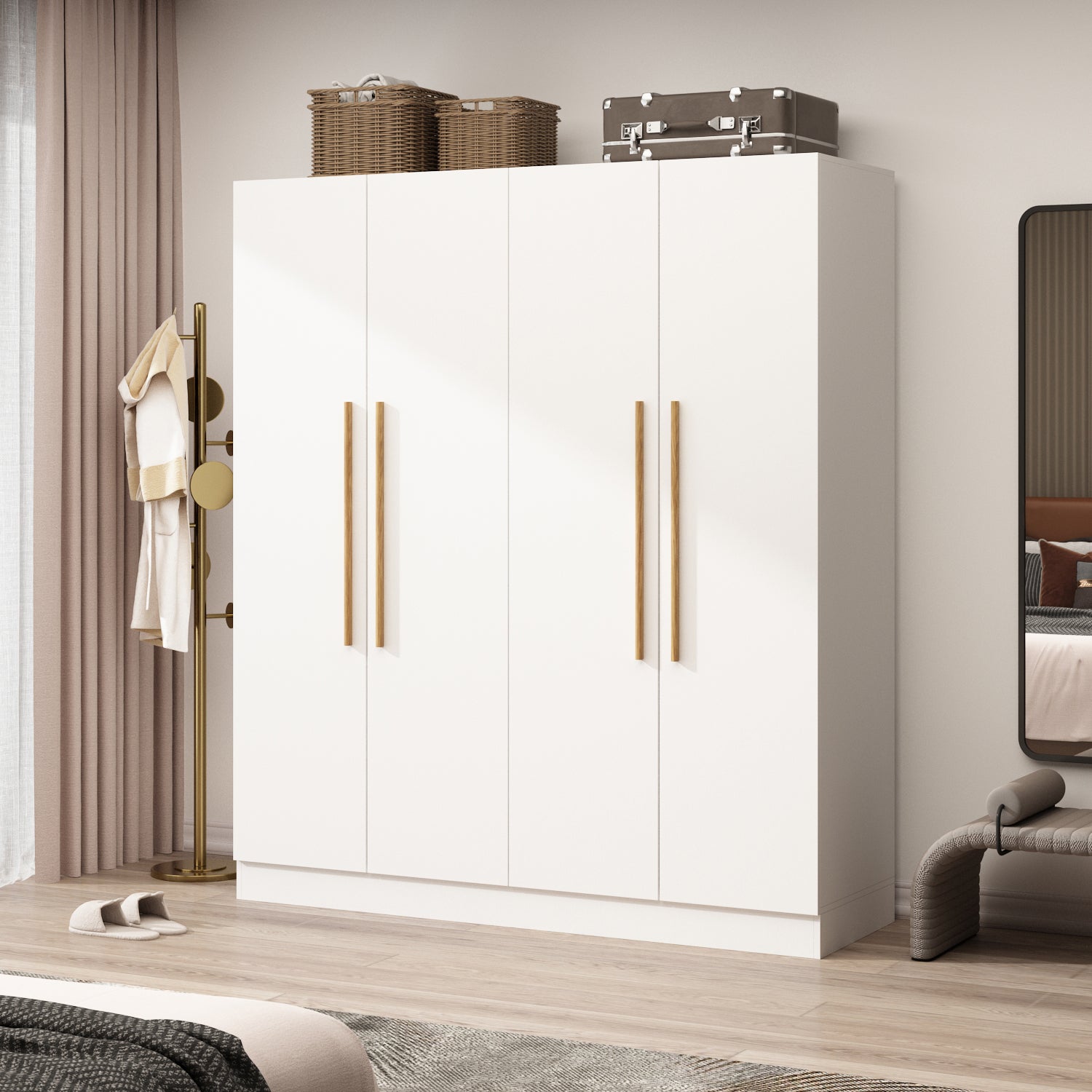 Armoire Solid Wood Clothes Organizer Storage Cabinet 4-Door Wardrobe Family Closet