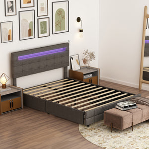 Upholstered Storage Bed with Led Light and Charging Port Queen Size