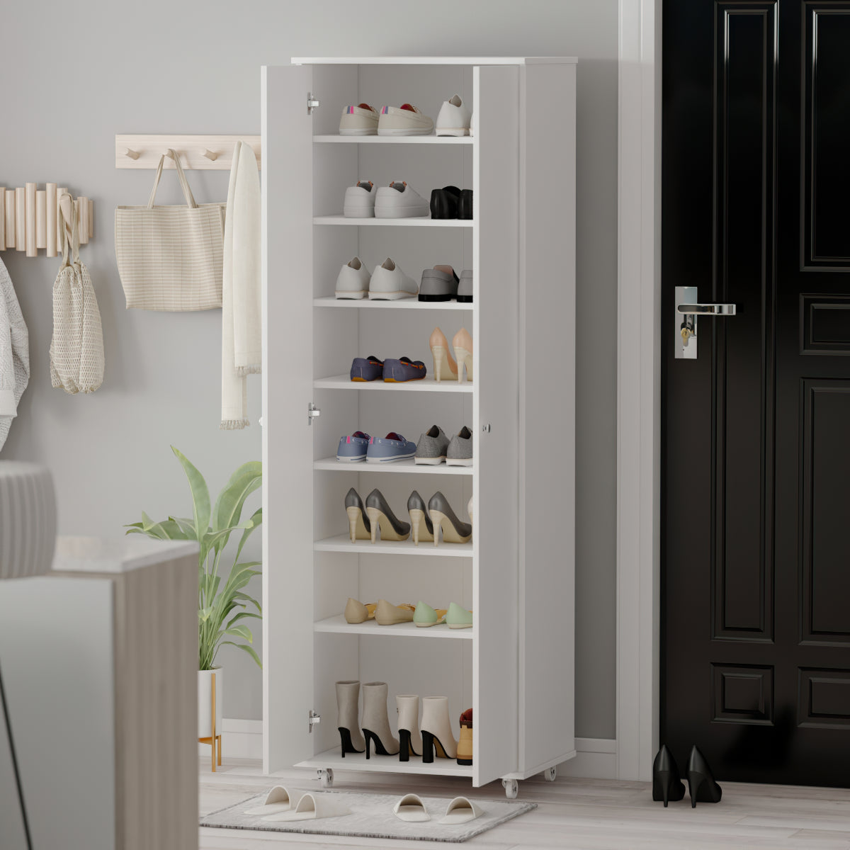 Large Shoe Cabinet with 2 Doors and Wheels 8-Tier Storage Shelves Wood Shoe Organizer Storage Cabinet