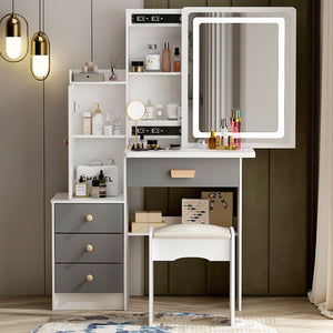 Vanity Set Makeup Vanity Dressing Table with Sliding Mirror, 4 Drawers & Shelves, Dresser Desk and Cushioned Stool Set