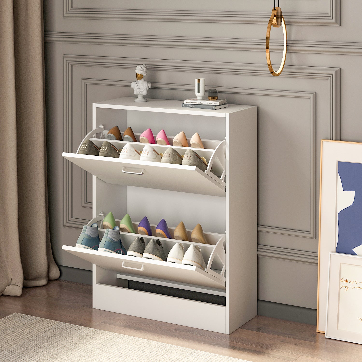 Modern Entryway White Shoe Storage Narrow Shoe Cabinet with 2 Flip Doors &  1 Drawer