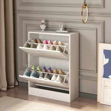 White Flip Drawer Shoe Cabinet & Wall Mounted Coat Rack Set, 3 Drawers  Narrow Shoe Storage Organizer - 30 wide White