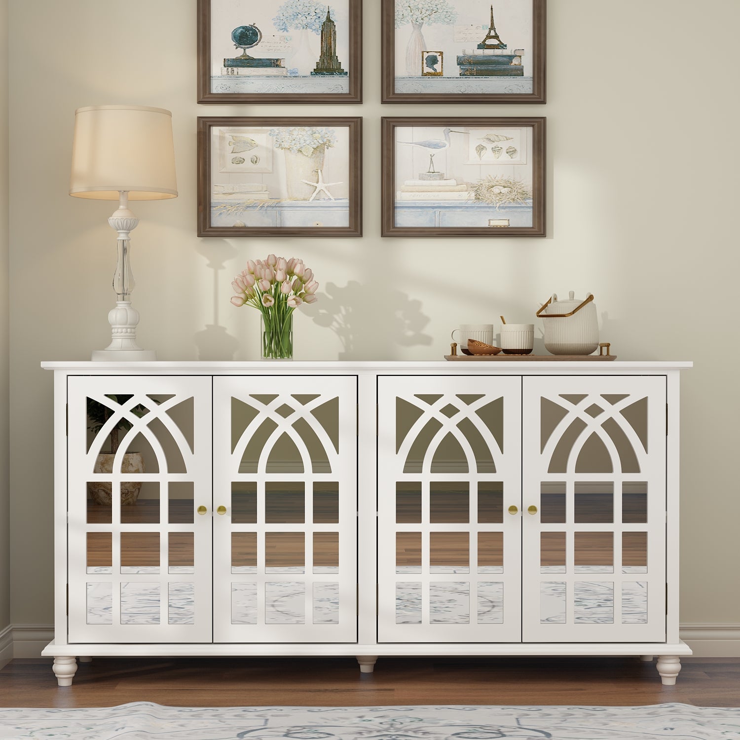 Wood Storage Cabinet Modern Sideboard Stand with 4 Mirrored Glass