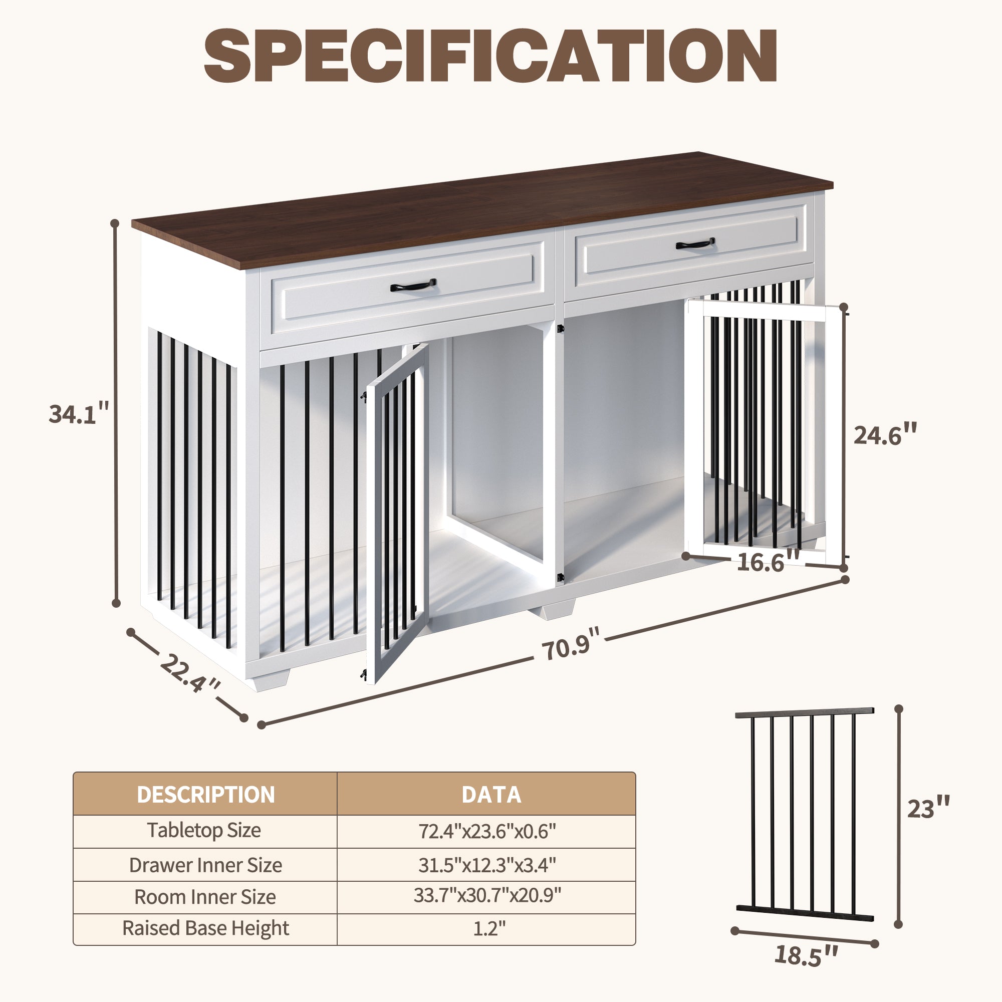 Large Dog Crate Furniture Wooden Dog Crate Kennel with 2 Drawers and Divider