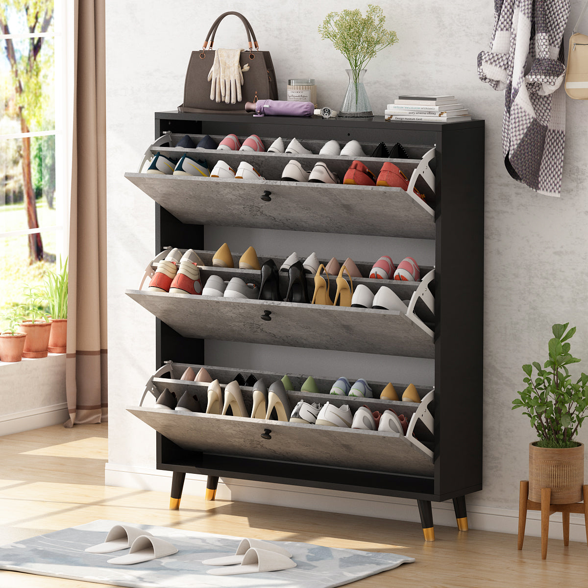 Entryway Shoe Shelf Cabinet Shoe Rack Freestanding Shoe Organizer with 3 Flip Drawers