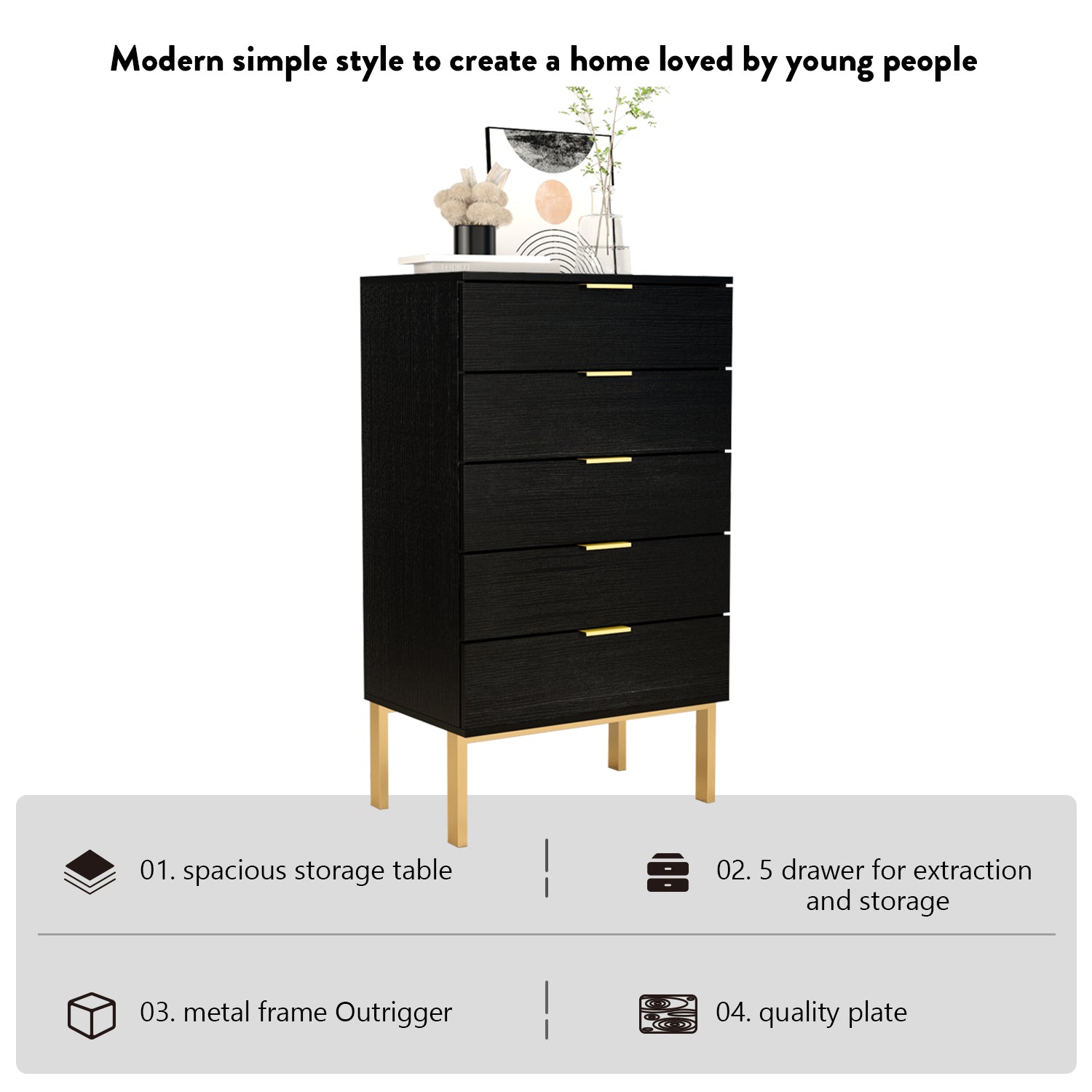 5-Drawer Dresser Chest Storage Cabinet Organizer Unit with Metal Legs for Bedroom Living Room Entryway Hallway