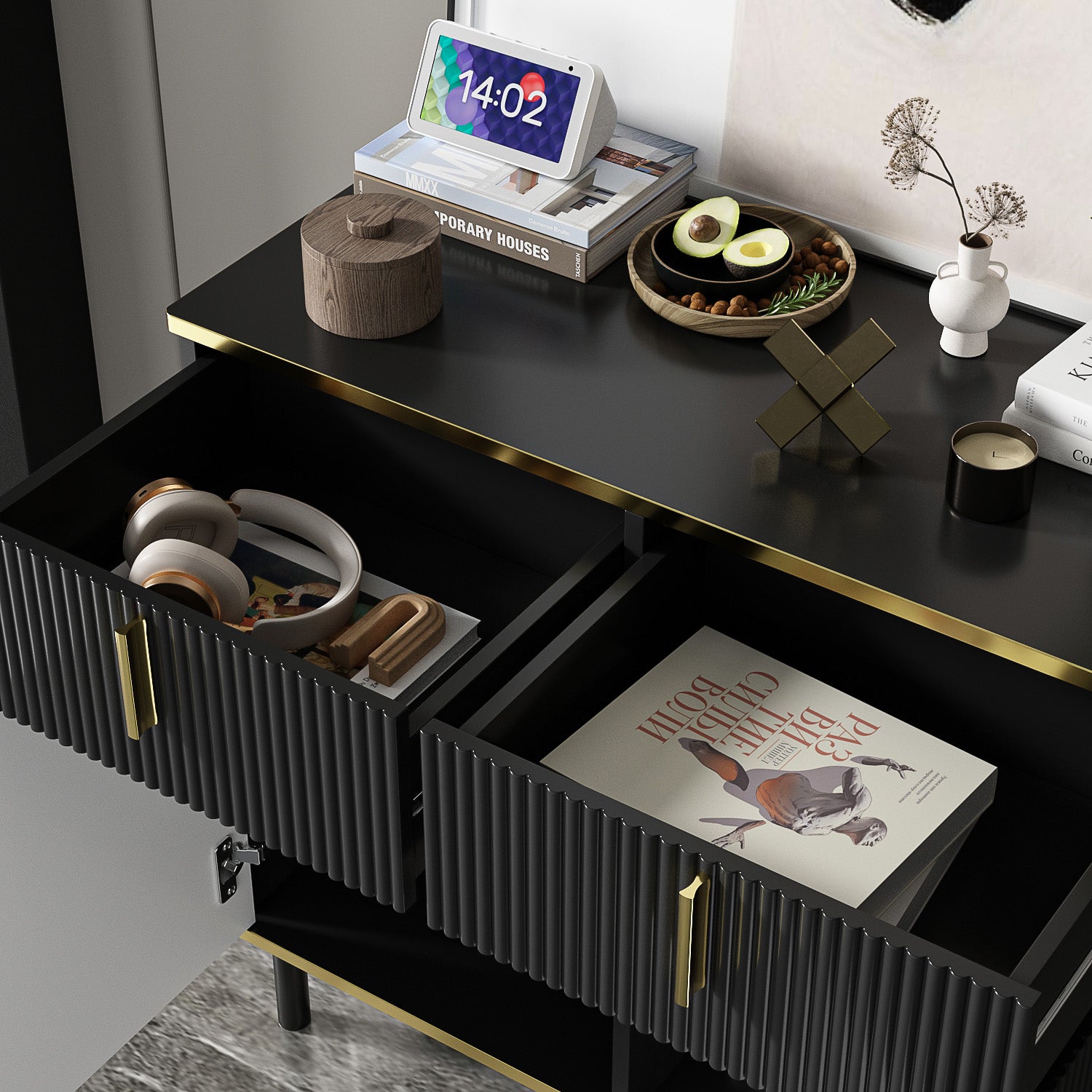 Wide Sideboard Buffet Storage Cabinet in Black with Drawer & Pop-up Doors
