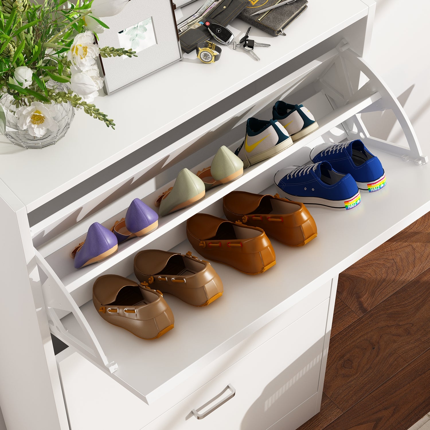 Modern Shoe Storage Cabinet with 3 Flip Drawers — FUFUGAGA