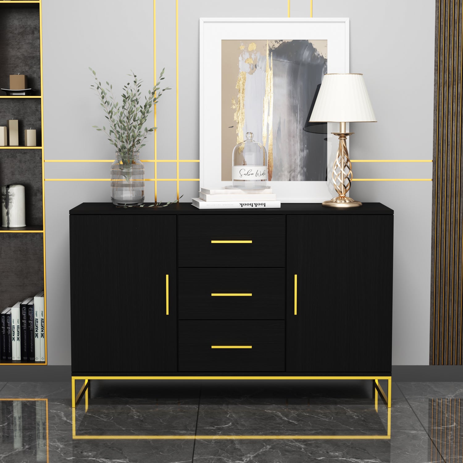 Buffet Sideboard with 3 Drawers & 2 Doors Storage Cabinet Sideboard Credenza Metal Legs for Dining Room and Living Room