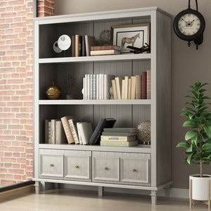 Bookshelf Cabinet Large Grey Sideboard with 3-Tier Open Shelf & 2 Drawers