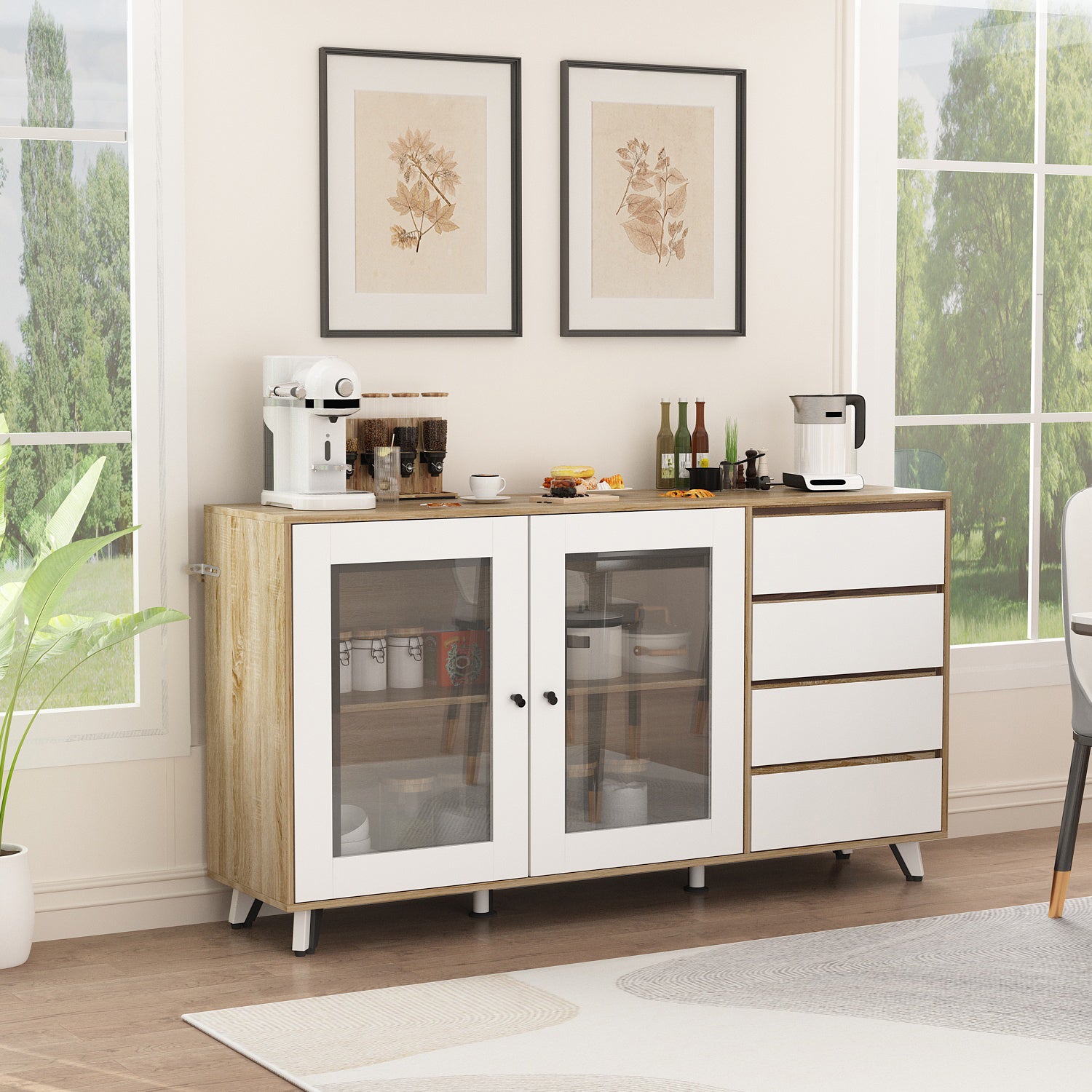 Kitchen Buffet Server Sideboard Wide Sideboard with Storage Compartments Tempered Glass