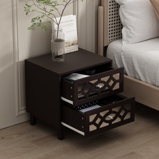 Nightstand Bedside Mirrored Storage Table Dresser with Solid Wood Legs and 2 Drawers