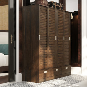 Brown Wardrobe Large Bedroom Armoire 4 Sliding Doors and 3 Drawers