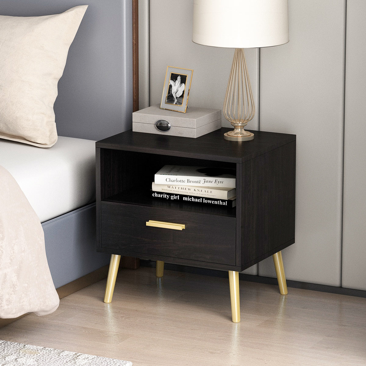 Small Bedside Cabinet 1 Open Shelf and 1 Drawer Storage Table Nightstand