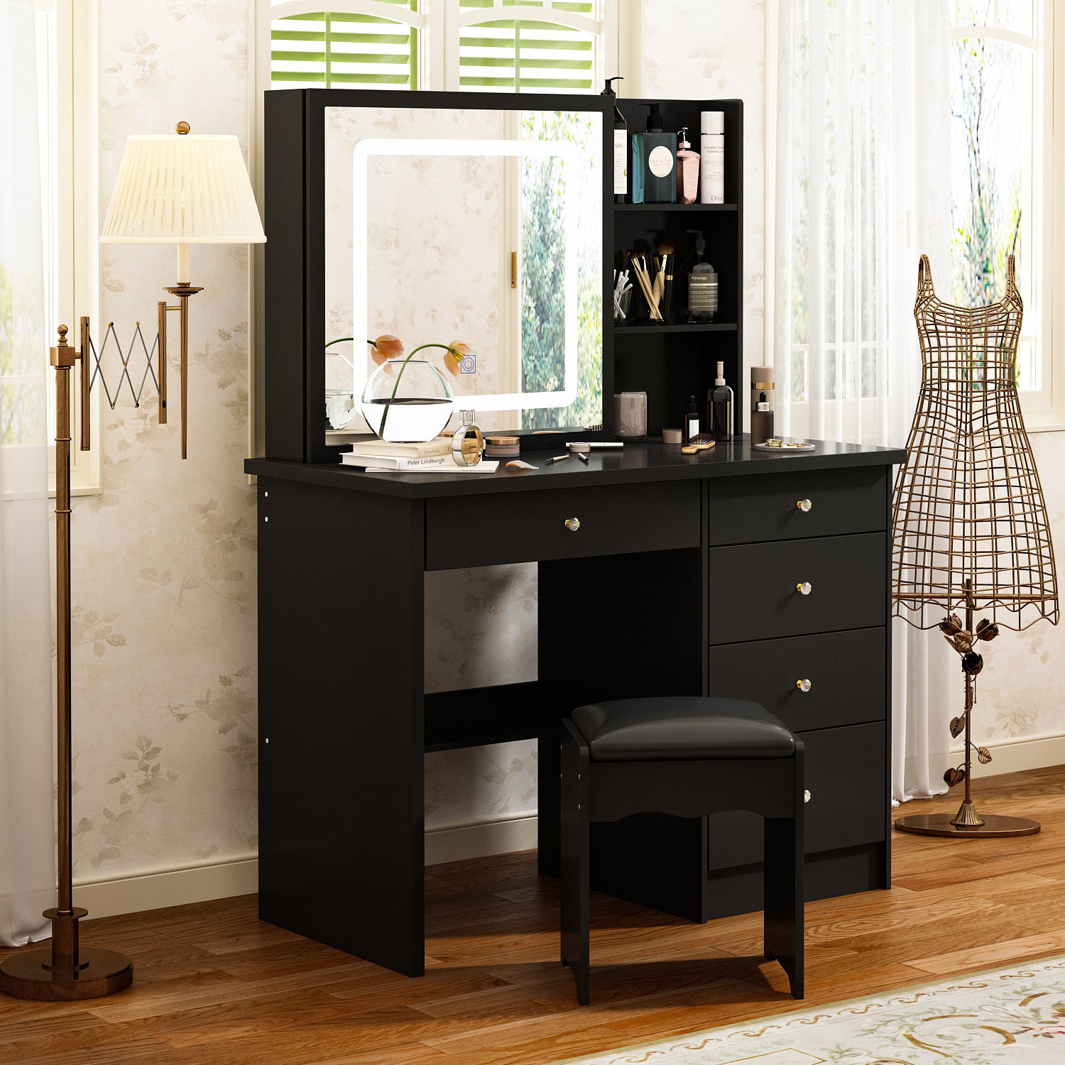 Large Vanity Set Makeup Vanity Dressing Table with Sliding Lighted Mirror 5 Drawers & Shelves