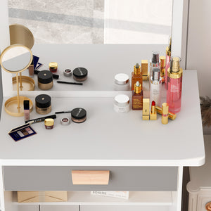 Vanity Set Makeup Vanity Dressing Table with Sliding Mirror, 4 Drawers & Shelves, Dresser Desk and Cushioned Stool Set