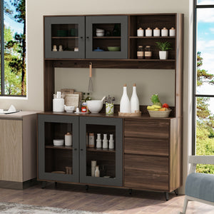 Kitchen Pantry Cabinets with Hutch, 63" W Large Storage Cupboard Pantry with 4 Doors, 4 Drawers & Microwave Shelf, Freestanding Kitchen Storage Buffet (63" W x 15.7" D x 74.8" H)