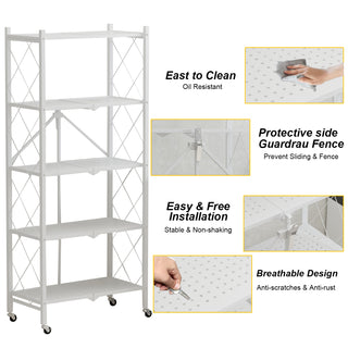 5-Tier Metal Storage Shelf Toolless Assembly Folding Shelving Unit with Rolling Brake Wheels