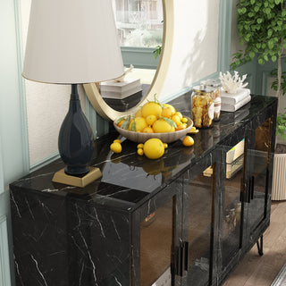 Lighted Sideboard Buffet Storage Cabinet with Glass Doors Adjustable Shelves & Metal Legs Marble Grain