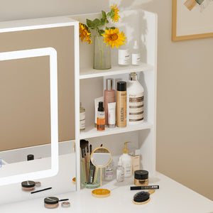 Large Vanity Set Makeup Vanity Dressing Table with Sliding Lighted Mirror, 5 Drawers & Shelves, Dresser Desk and Cushioned Stool Set