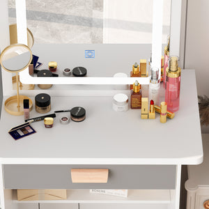 Vanity Set Makeup Vanity Dressing Table with Sliding Mirror, 4 Drawers & Shelves, Dresser Desk and Cushioned Stool Set